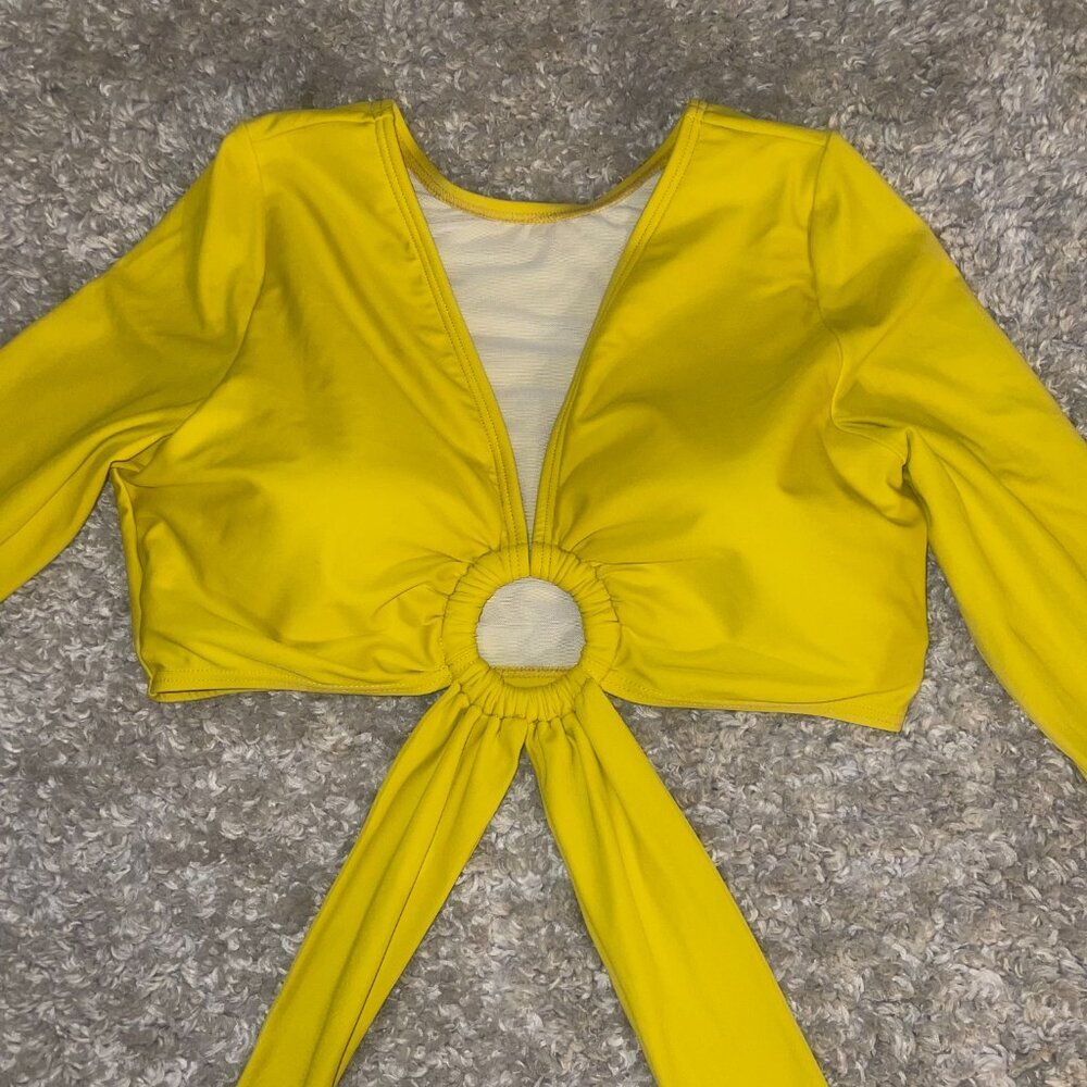 Mustard Yellow Ring Front Swim Top Crop Top Long Sleeve 14 - Picture 7 of 9